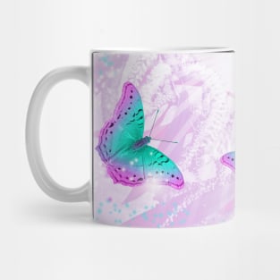 Abstract vibrant butterflies against a floral background featuring wattle Mug